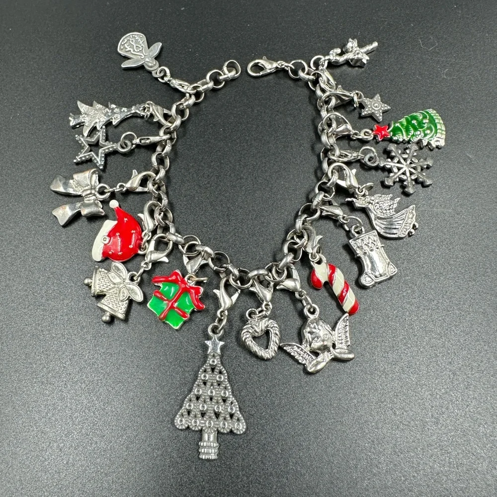 Vintage Loaded Christmas Charm Bracelet Silver Tone and Enamel